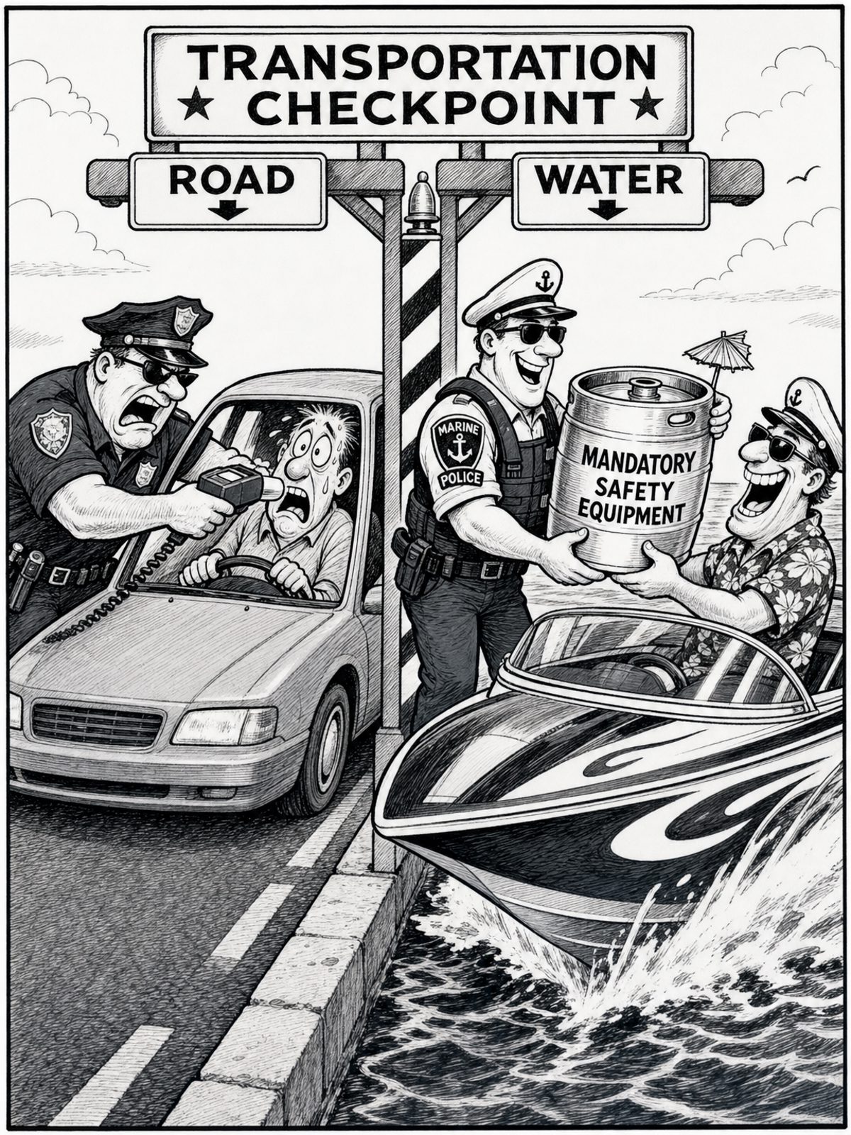 An ink-style editorial cartoon showing a checkpoint with two lanes. In the ROAD lane, a stern police officer shoves a breathalyzer at a frightened car driver. In the WATER lane, a smiling officer hands a giant beer keg labeled MANDATORY SAFETY EQUIPMENT to a grinning speedboat captain.
