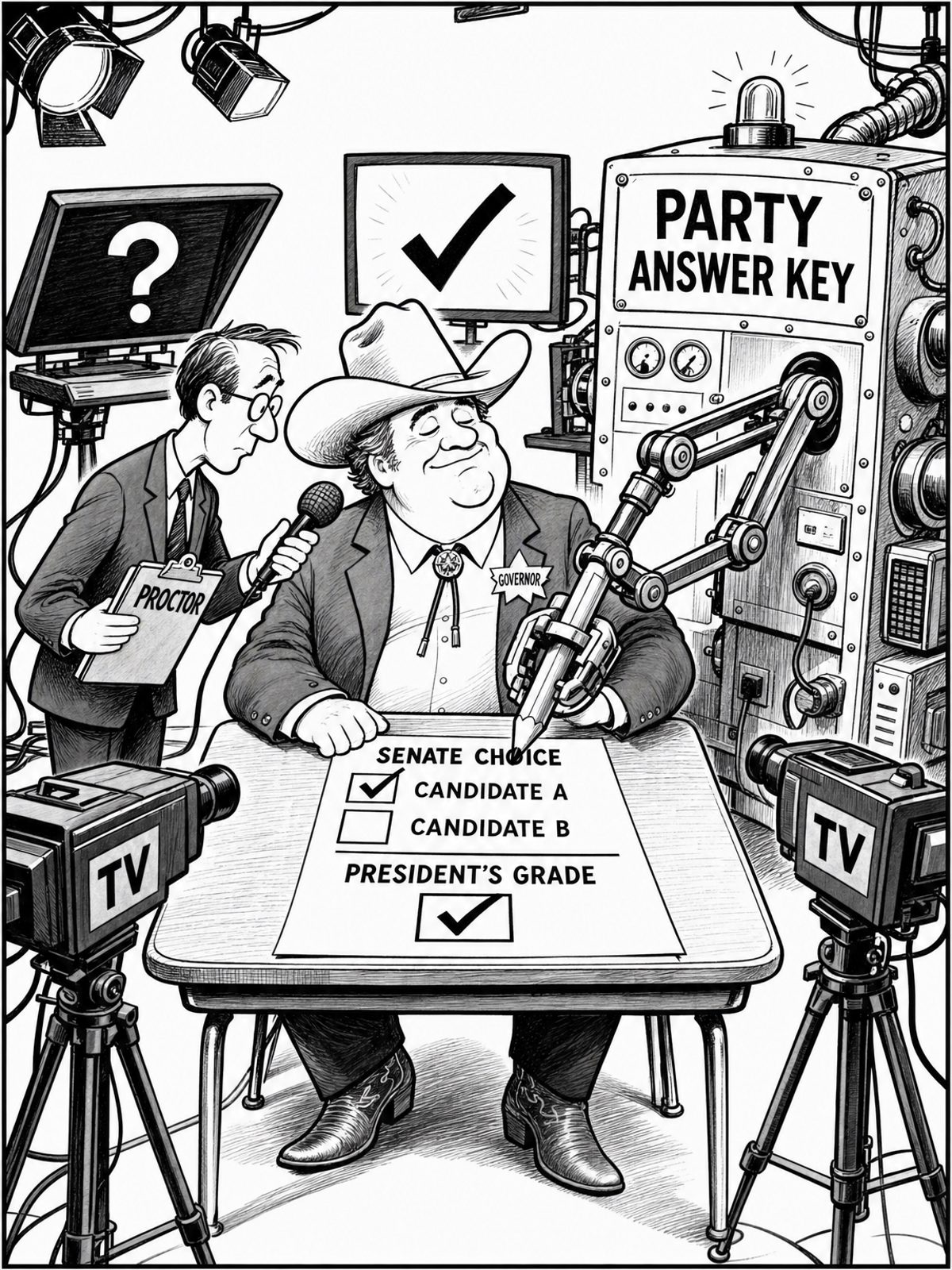 A governor in a ten-gallon hat sits at a school desk on a TV set while an interviewer holds a microphone. A machine labelled “PARTY ANSWER KEY” controls the governor’s pencil as it completes a sheet marked “SENATE CHOICE” and “PRESIDENT’S GRADE.” Cameras and teleprompters surround them.