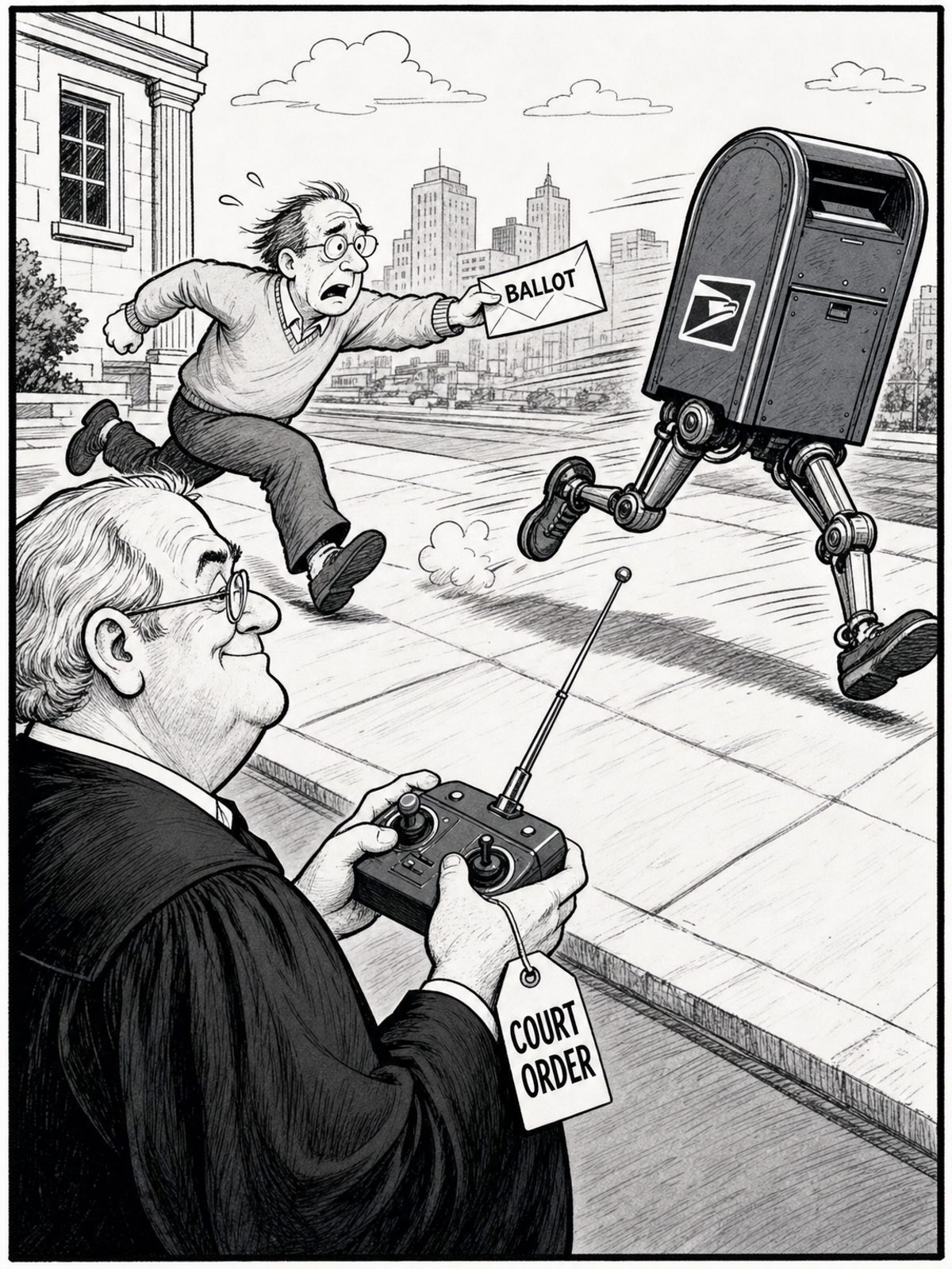 A black-and-white editorial cartoon showing a judge in robes using a remote control labeled 'COURT ORDER' to steer a blue mailbox running away on mechanical legs, while an exhausted voter chases after it trying to deposit a ballot.