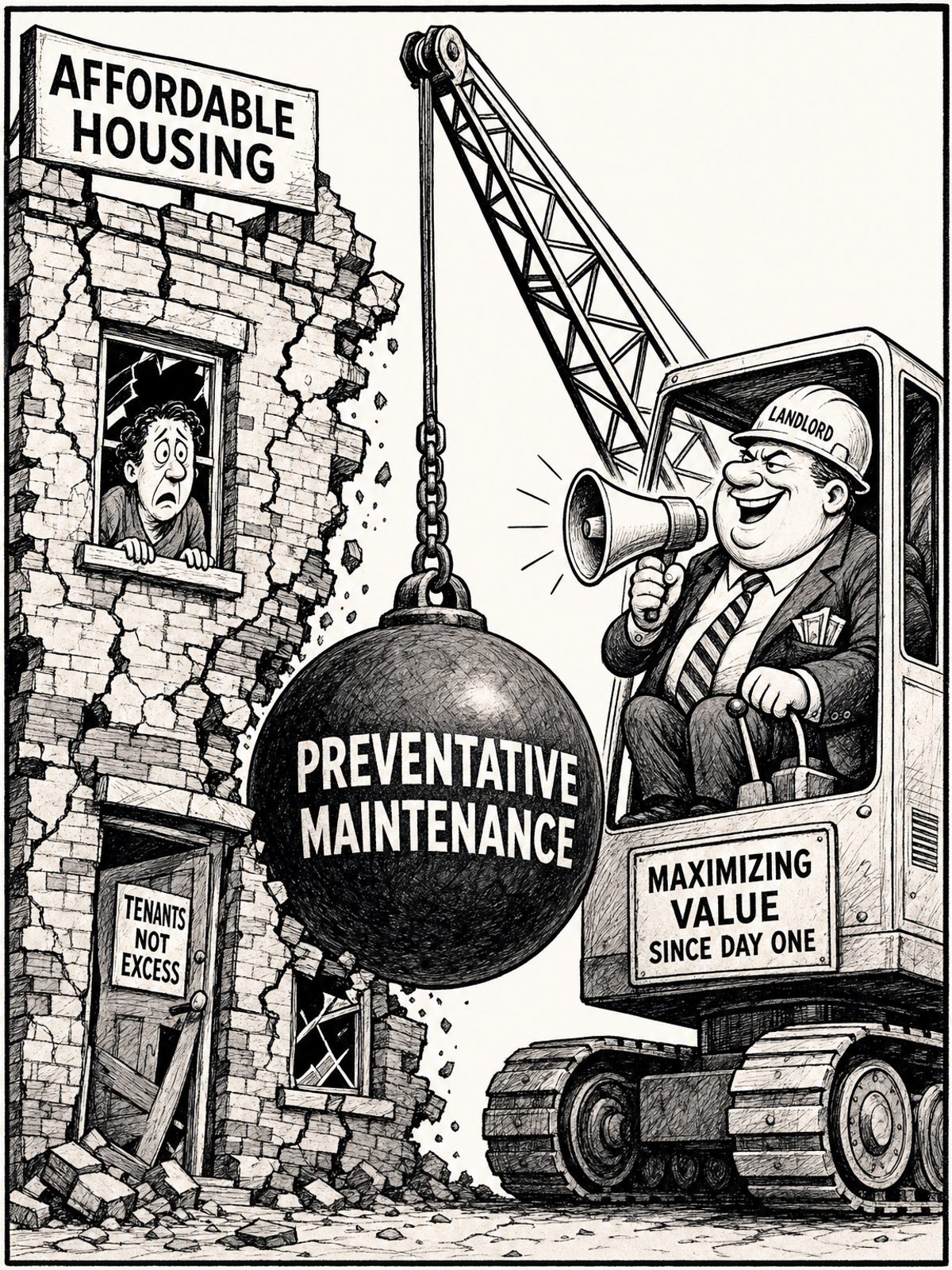 A black and white editorial cartoon showing a landlord operating a wrecking crane. He yells through a megaphone at a tenant inside a cracked building. The crane's wrecking ball is labeled PREVENTATIVE MAINTENANCE and is poised to strike the structure.