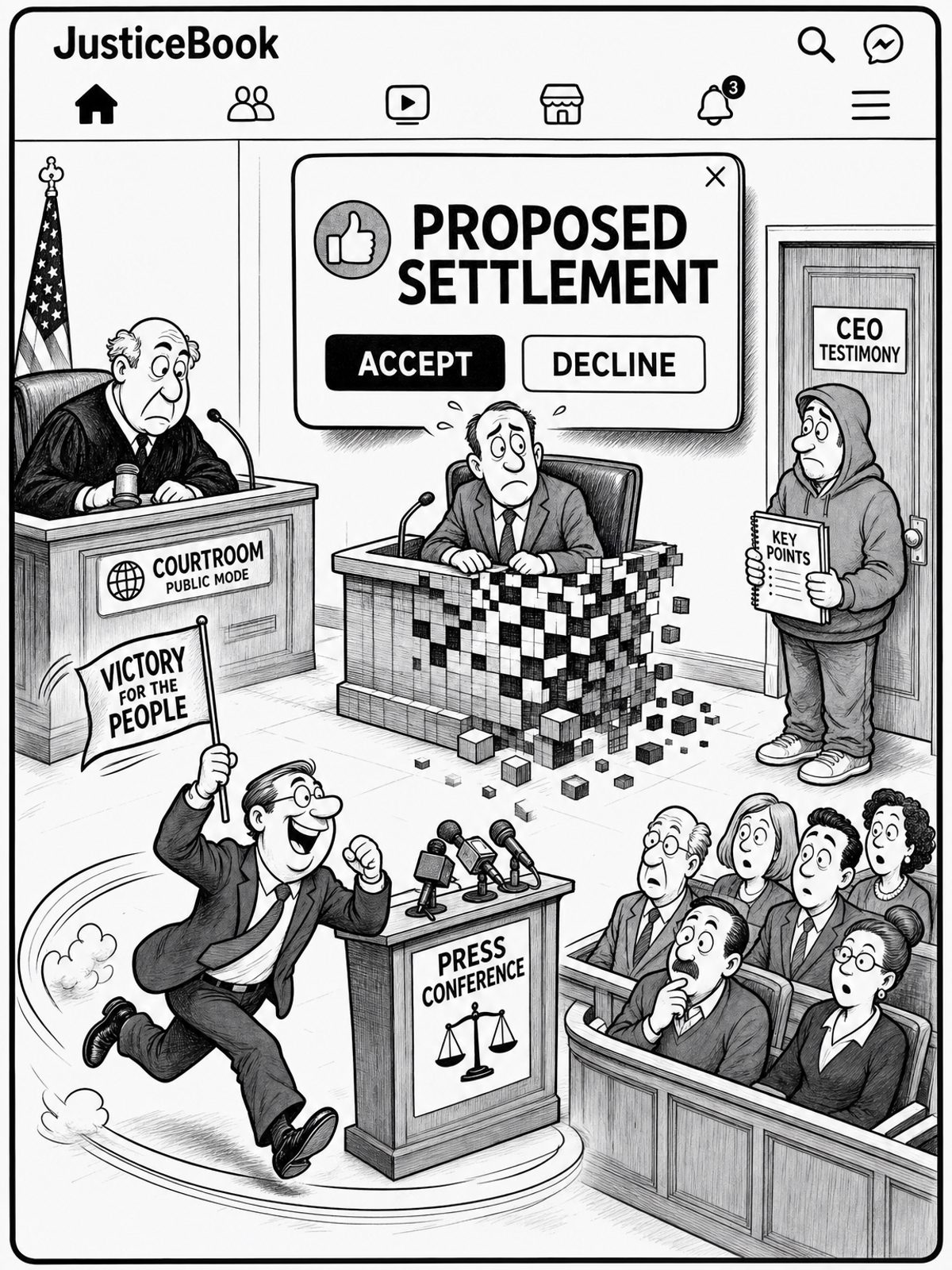 A courtroom is drawn like a social media screen. A suited executive sits on a witness stand dissolving into large pixels beneath a pop-up marked “Proposed Settlement.” A hoodie-wearing executive waits beside a door marked “CEO Testimony,” while an attorney general runs around a press-conference lectern carrying a victory flag.