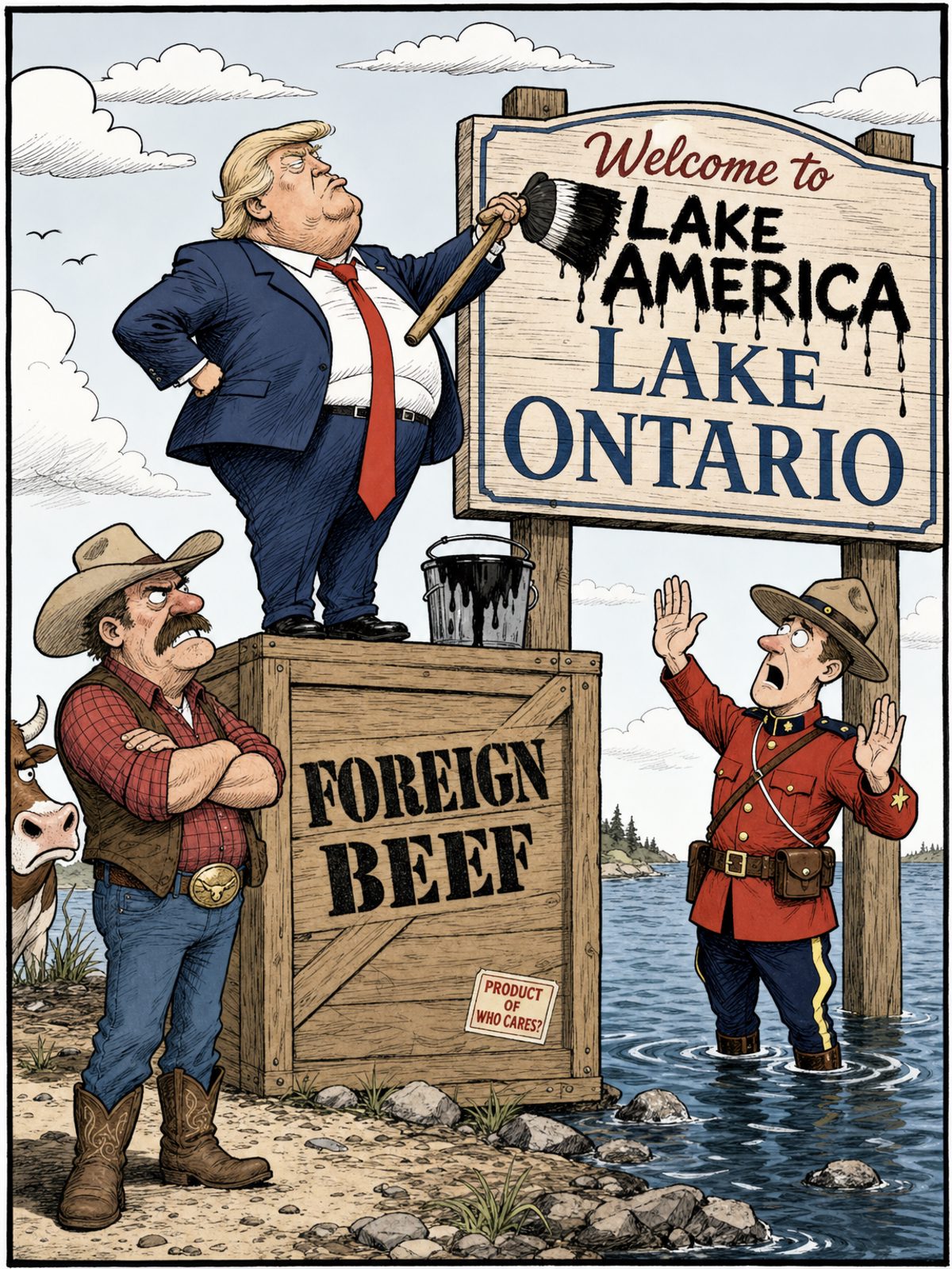 A black-and-white editorial cartoon. An arrogant politician stands on a crate labeled 'FOREIGN BEEF' and paints 'LAKE AMERICA' over a 'LAKE ONTARIO' shoreline sign. An angry rancher glares at the crate, while a Canadian Mountie in the water gestures in protest.