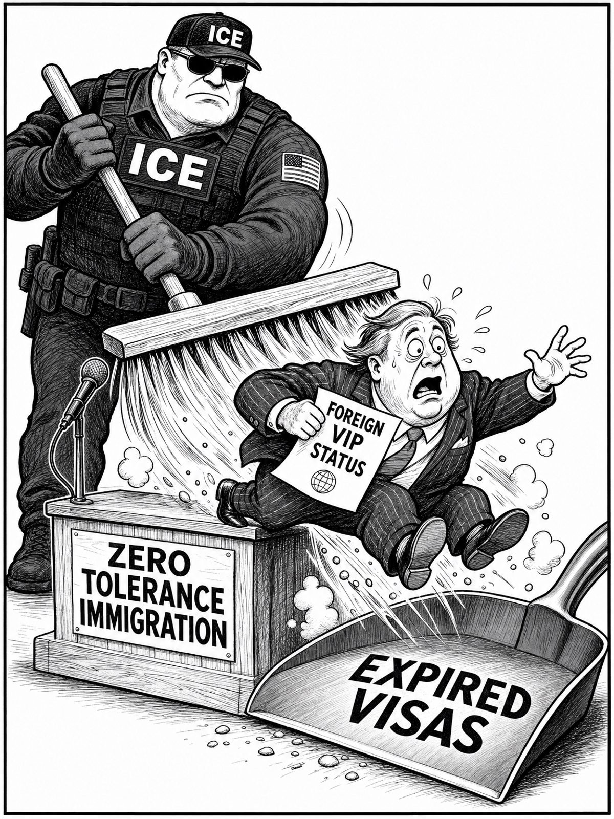 Black and white editorial cartoon showing a giant ICE officer using a push broom to sweep a man in a suit off a soapbox labeled 'ZERO TOLERANCE IMMIGRATION' and into a dustpan labeled 'EXPIRED VISAS'. The man holds a paper reading 'FOREIGN VIP STATUS'.