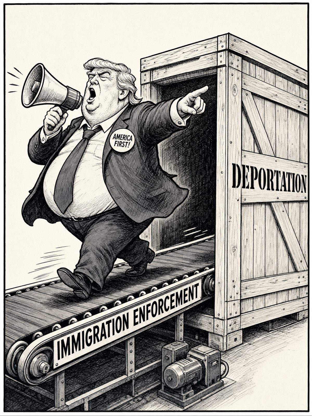 A black and white editorial cartoon. A man in a suit stands on a moving conveyor belt labeled 'IMMIGRATION ENFORCEMENT'. He yells enthusiastically into a megaphone, urging the machine to go faster, completely unaware that the belt is dropping him directly into a large wooden shipping crate labeled 'DEPORTATION'.