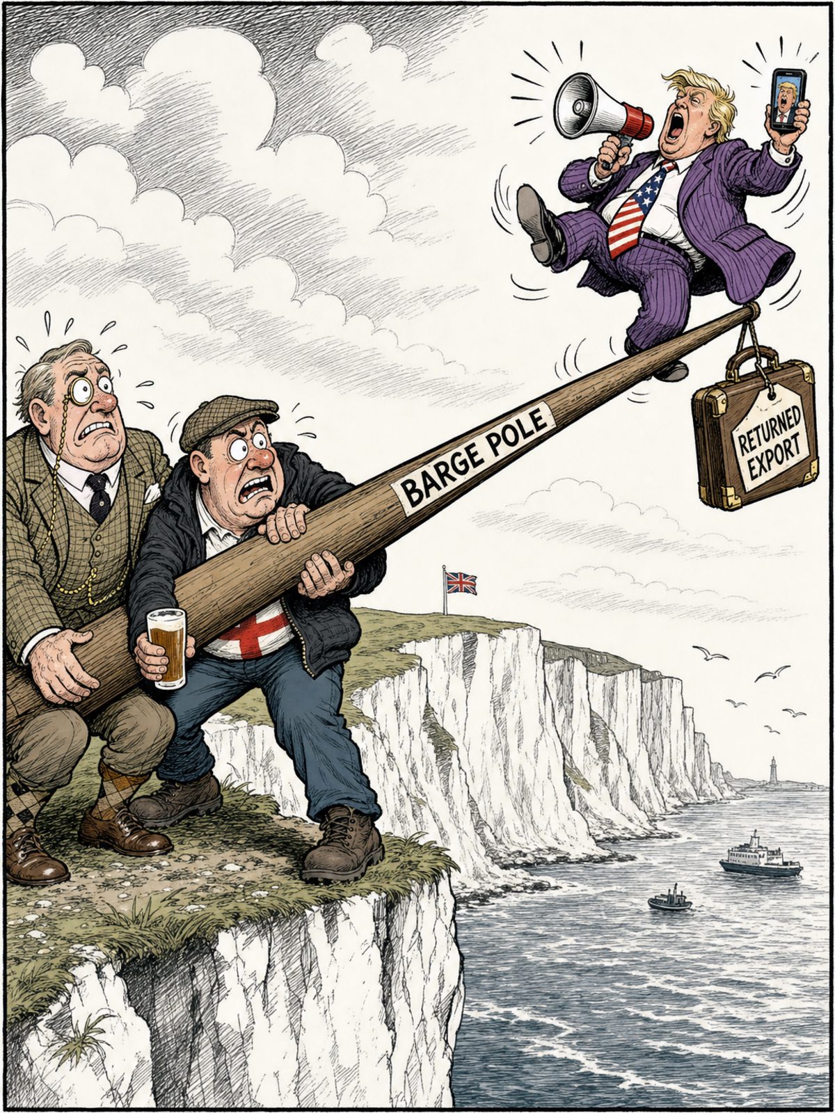 A black and white editorial cartoon. On the left, a traditional British politician and a populist struggle to hold an enormously long wooden pole labelled 'BARGE POLE'. They are using it to push away a loud provocateur on the right who is wearing an American flag tie, holding a megaphone and a phone, next to a suitcase tagged 'RETURNED EXPORT'. The White Cliffs of Dover are in the background.