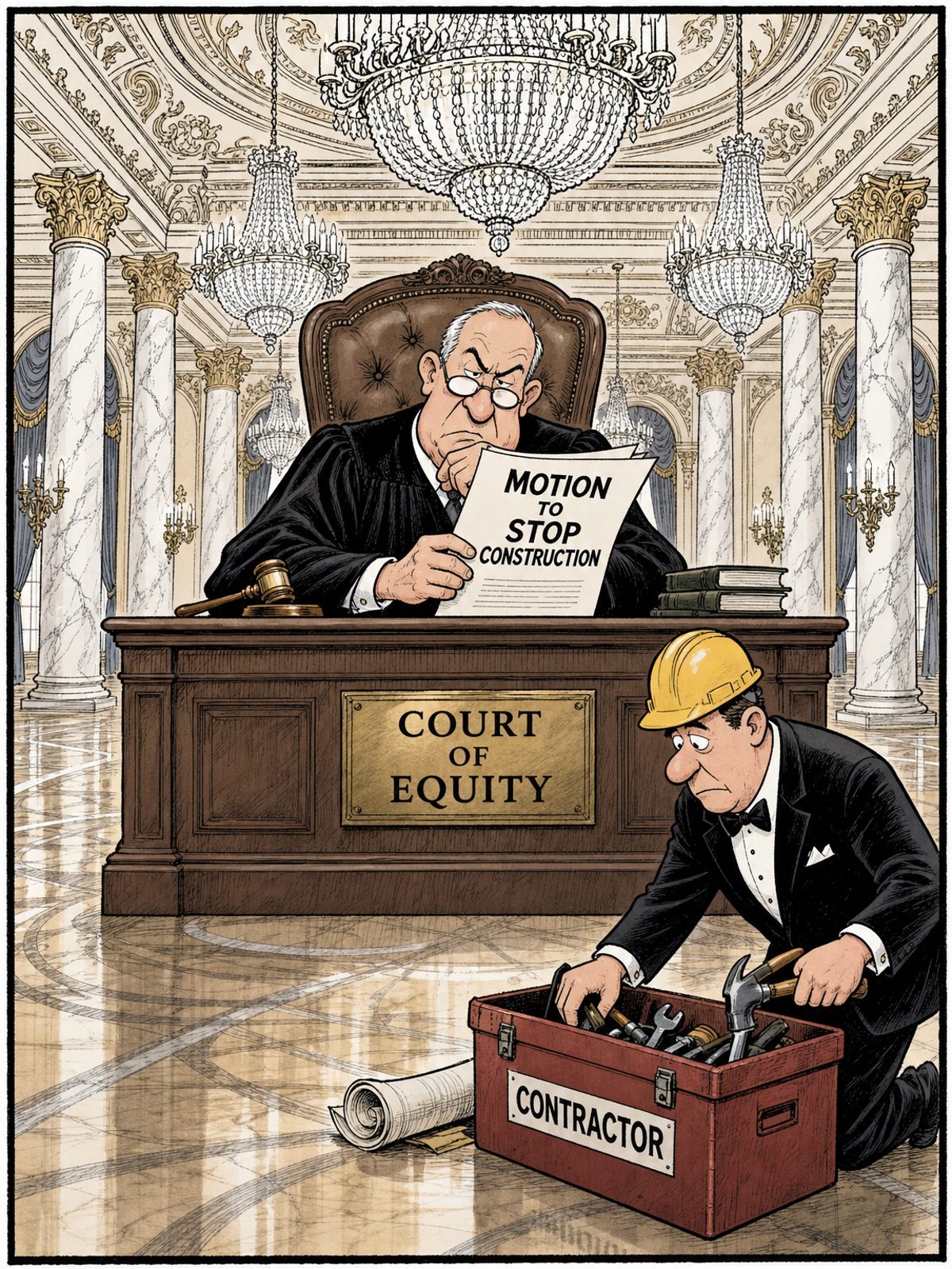 A black-and-white editorial cartoon. A judge sits at a wooden bench in the middle of a completed, opulent ballroom with a grand chandelier. A contractor in a tuxedo and hard hat packs up his tools nearby. The judge reads a paper labeled 'MOTION TO STOP CONSTRUCTION'.