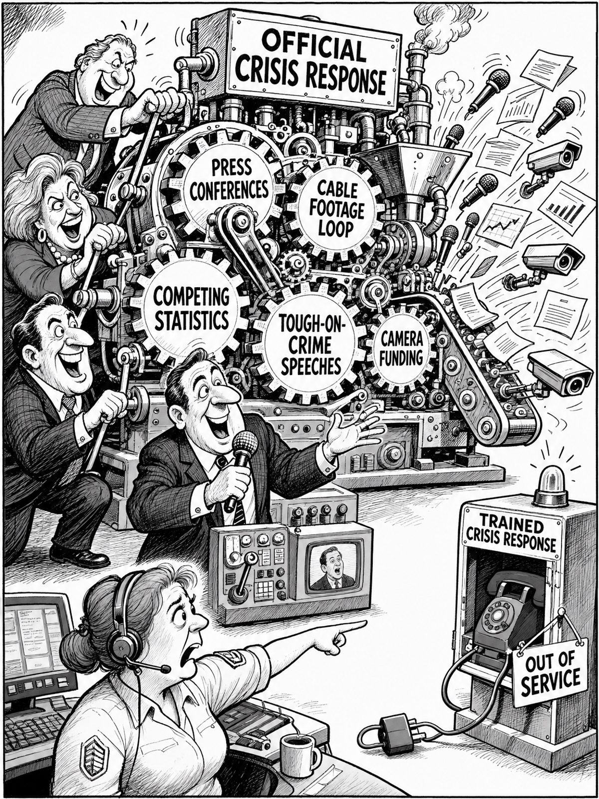 A large machine labelled “Official Crisis Response” churns out microphones, statements, charts, and cameras through gears bearing labels for press conferences, cable footage, statistics, political speeches, and camera funding. Politicians and pundits operate it while a small crisis-response call box nearby sits unplugged and out of service.