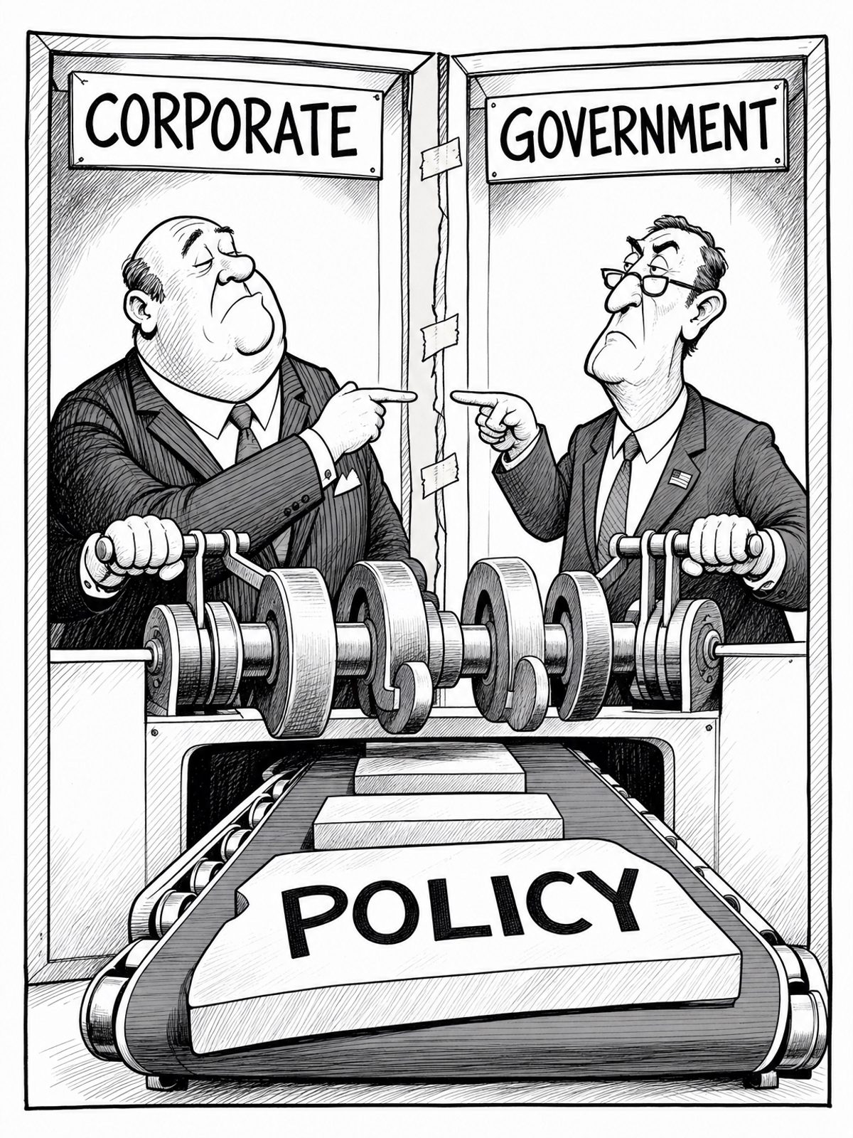 A corporate executive and a government official stand in separate labelled booths divided by a thin partition. Each turns a handle attached to the same crankshaft, which powers a conveyor belt marked “POLICY.”