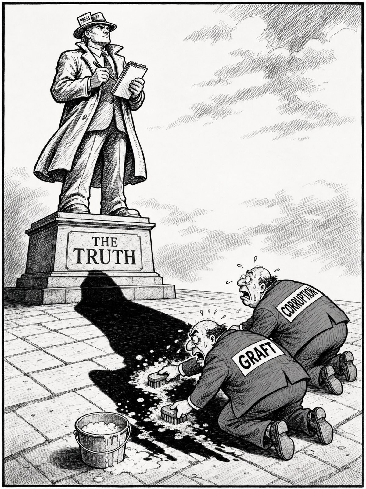 Black and white editorial cartoon. A large stone statue of a reporter on a pedestal labeled 'THE TRUTH' casts a long dark shadow. Two sweating men in suits, labeled 'GRAFT' and 'CORRUPTION', are on their hands and knees frantically trying to wash the shadow off the floor using small scrub brushes.