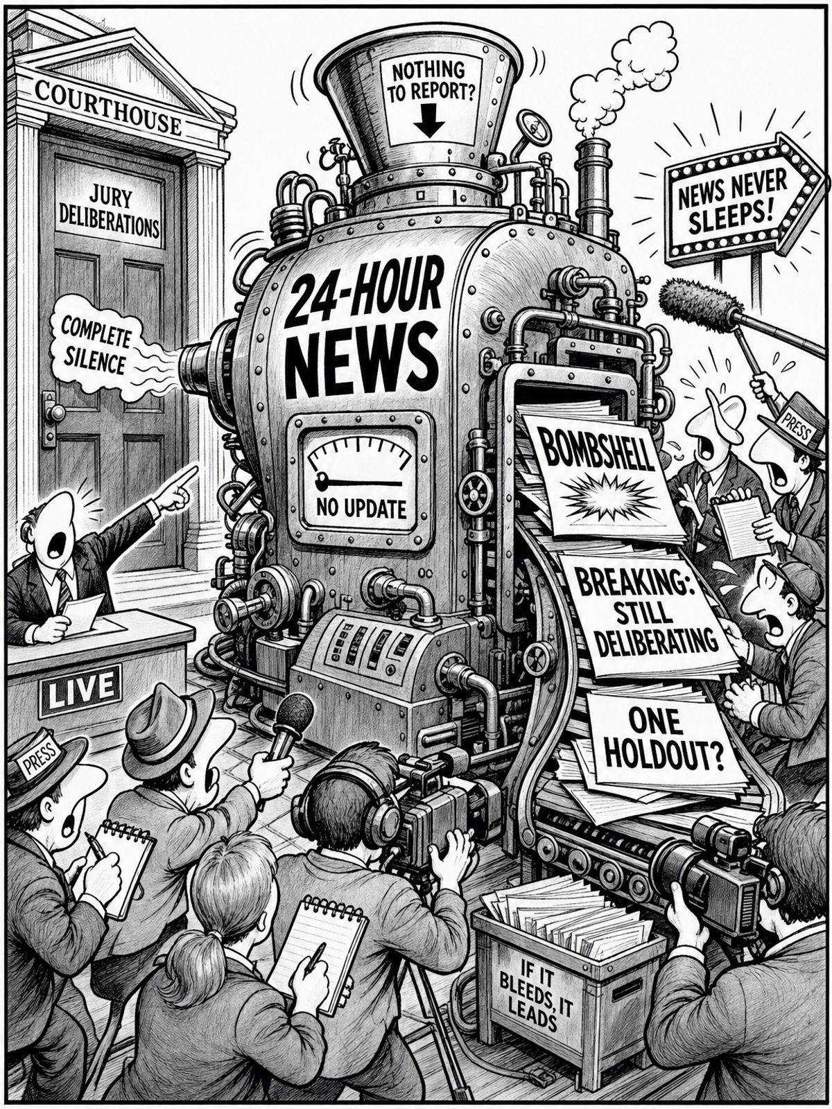 A closed courthouse door marked “Jury Deliberations” is connected to a large machine marked “24-Hour News.” Its gauge reads “No Update,” while a conveyor carries papers marked “Bombshell,” “Breaking: Still Deliberating,” and “One Holdout?” Reporters and camera operators crowd around it.
