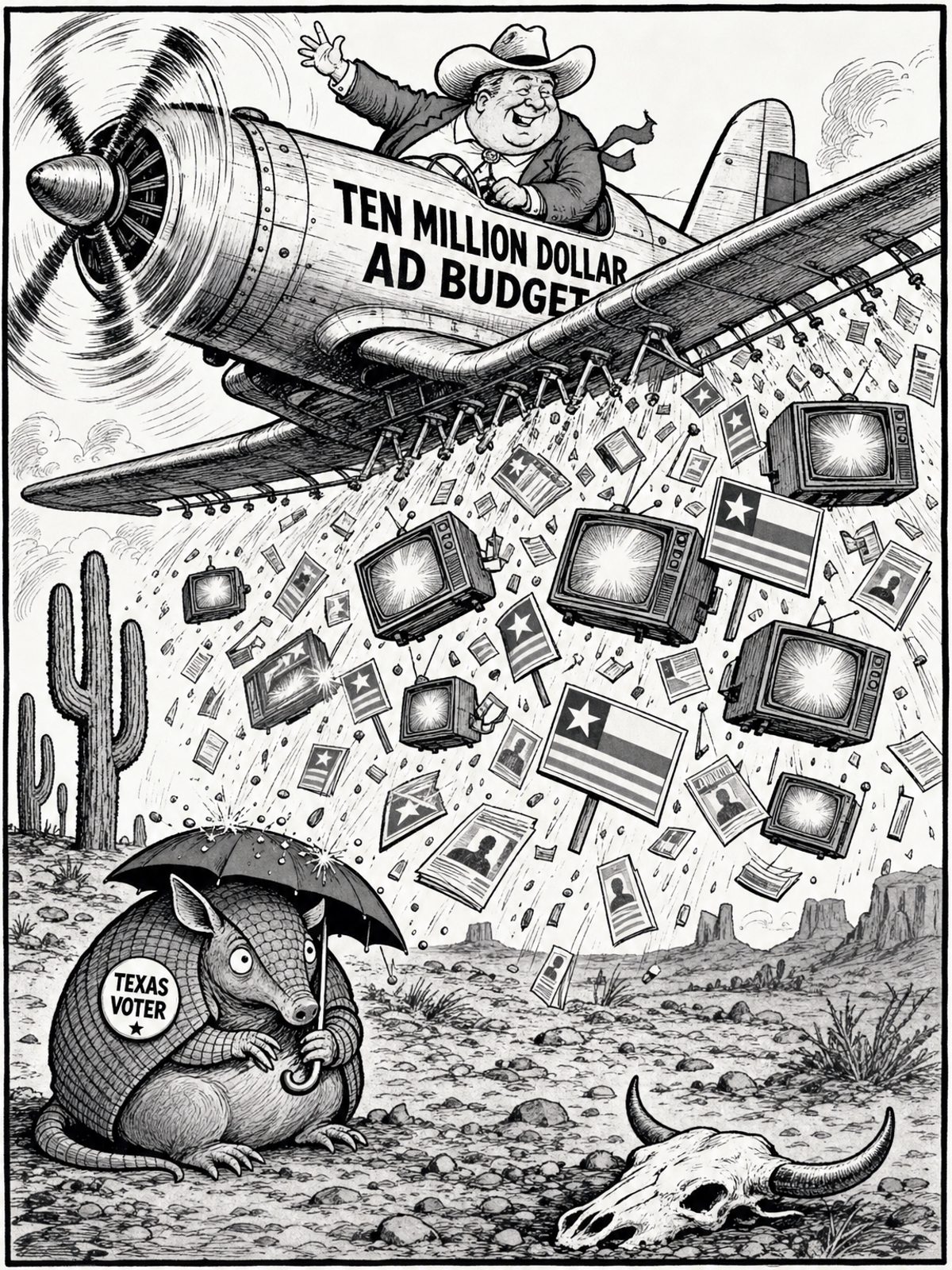 A black and white editorial cartoon. A politician in a cowboy hat flies a crop duster plane labeled 'TEN MILLION DOLLAR AD BUDGET' over a barren Texas desert. The plane drops an avalanche of televisions, yard signs, and campaign mailers. Below, an armadillo wearing a 'Texas Voter' button seeks shelter under a small umbrella.