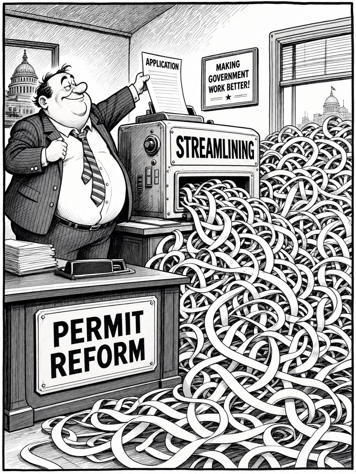 An archetypal politician feeds a sheet labelled “APPLICATION” into a large machine labelled “STREAMLINING.” The machine produces a tangled mountain of red tape that fills the office. The desk is marked “PERMIT REFORM.”