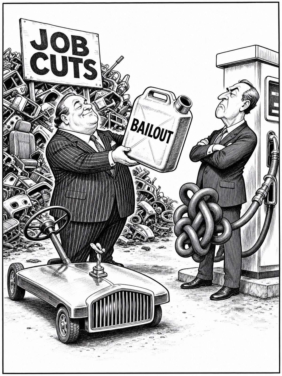 A black-and-white editorial cartoon. An auto executive holding a 'Bailout' gas can stands next to a totally dismantled car and a scrap pile labeled 'Job Cuts'. He gestures to a government minister, who stands with crossed arms next to a gas pump with its hose tied into a massive knot.