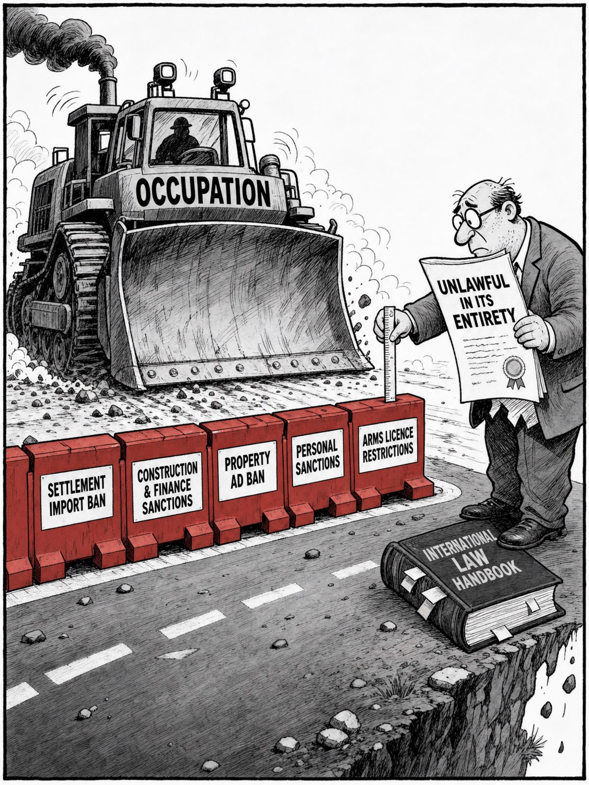 A large bulldozer marked “Occupation” approaches a red barrier made of sections labelled with import, service, advertising, personal, and arms-licence restrictions. A suited government official compares the barrier with a proclamation declaring the occupation unlawful in its entirety.