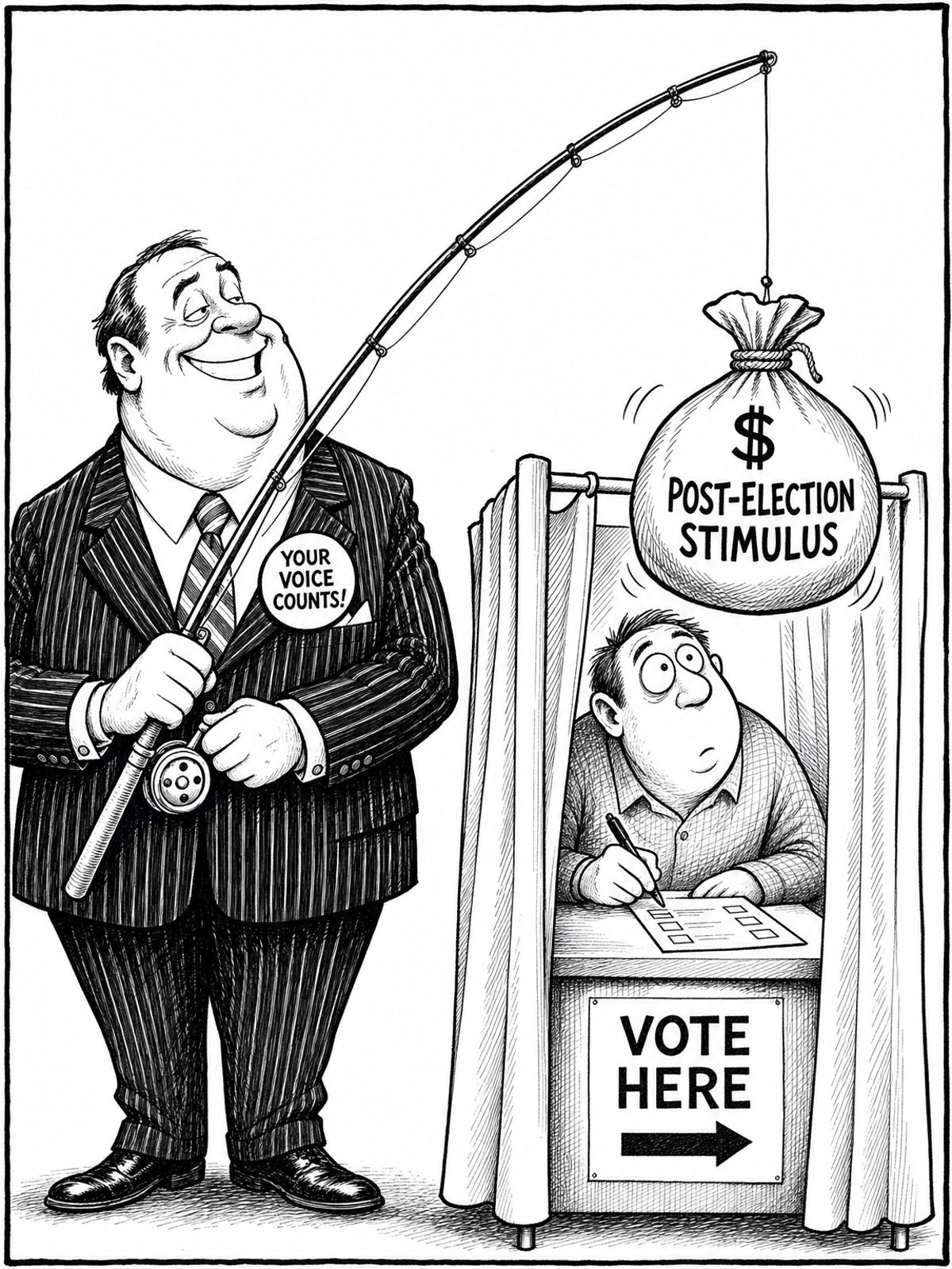 A black-and-white editorial cartoon. A politician in a suit stands outside a voting booth, using a fishing rod to dangle a sack of money labeled 'POST-ELECTION STIMULUS' inside the booth. The voter inside stares at the money while holding a pen over a ballot paper.