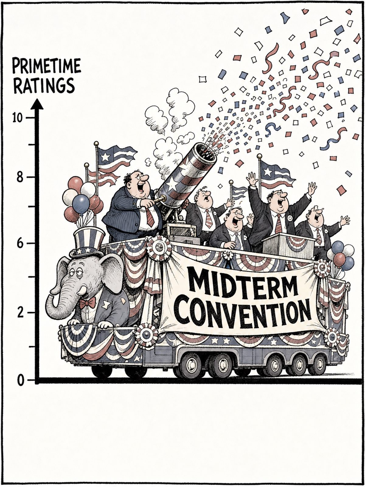 A black and white editorial cartoon. A highly decorated parade float labeled 'MIDTERM CONVENTION' carries waving politicians and fires a confetti cannon. The float is driving along a line graph labeled 'PRIMETIME RATINGS', which is a perfectly flat, horizontal line.