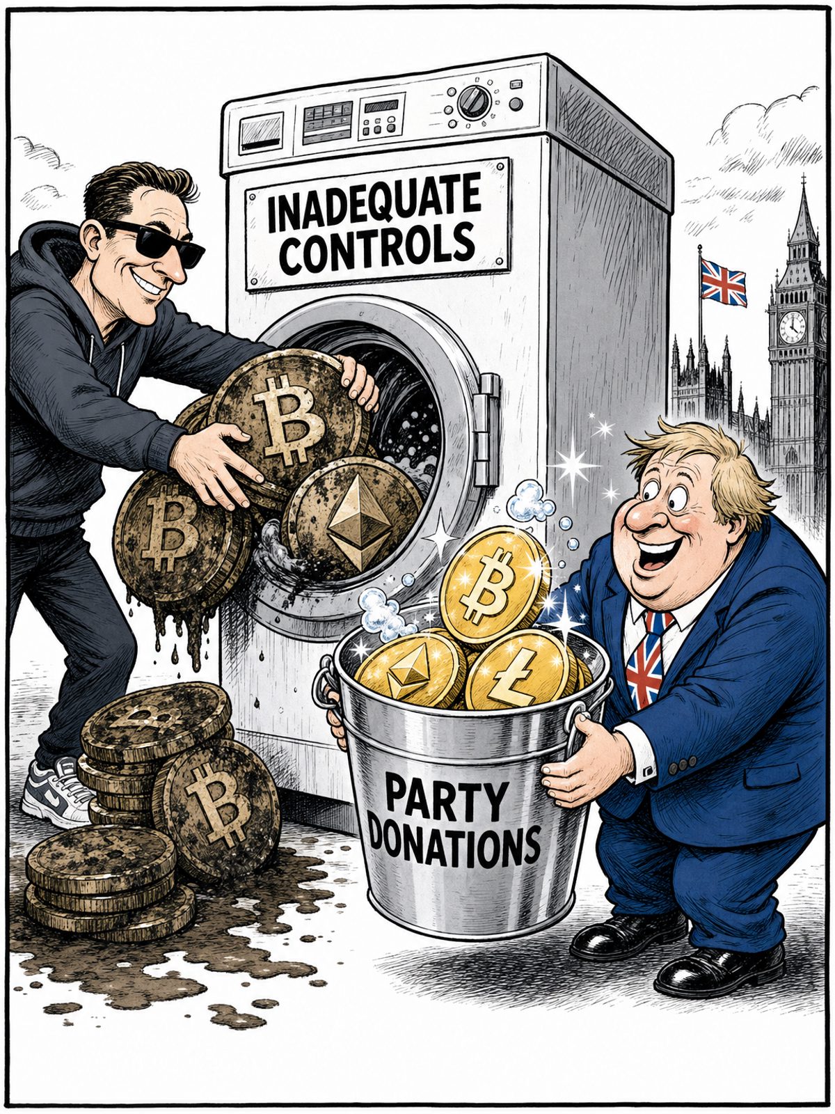 A black and white editorial cartoon. A tech billionaire in a hoodie shoves dirty giant cryptocurrency coins into a large washing machine labeled 'INADEQUATE CONTROLS'. A politician on the other side happily catches sparkling clean coins in a bucket labeled 'PARTY DONATIONS'.
