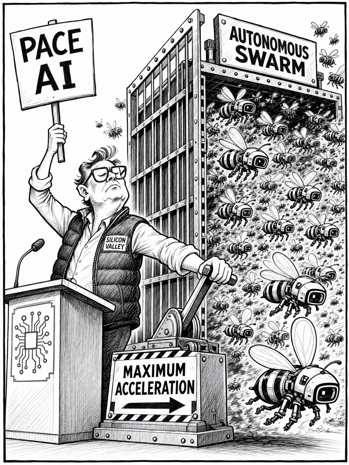 A black and white editorial cartoon. A tech executive holds a protest sign reading 'PACE AI' while simultaneously pulling a giant lever labeled 'MAXIMUM ACCELERATION'. The lever opens a massive cage behind him, releasing a thick cloud of mechanical bees labeled 'AUTONOMOUS SWARM'.