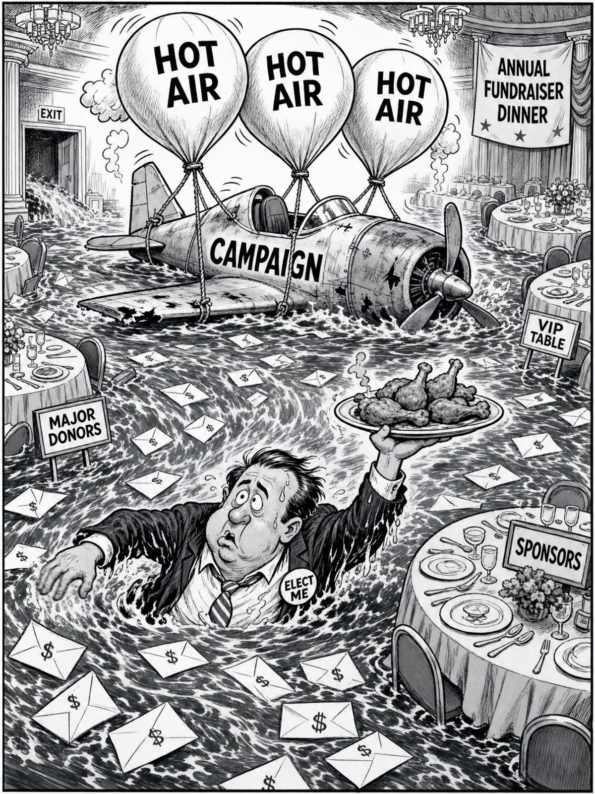 A campaign aircraft sits partly submerged in a flooded banquet hall, held up by large speech balloons. A generic politician swims against a current of donation envelopes while carrying a chicken dinner, and banquet tables form a loop around the room.