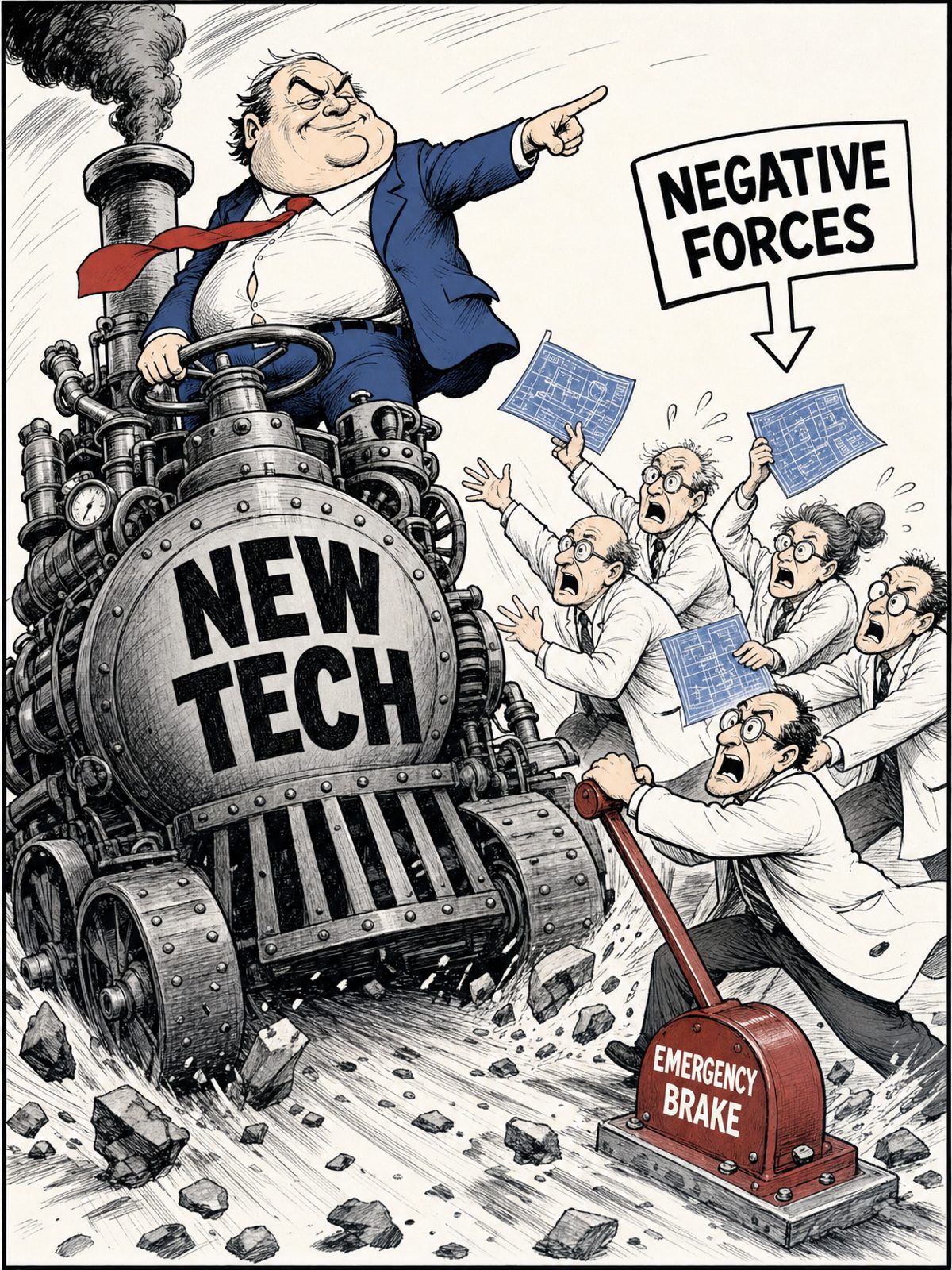 Black and white editorial cartoon. A smiling politician drives a huge, chaotic machine labeled 'NEW TECH' while swatting away terrified engineers who are trying to pull the brakes. The engineers are labeled 'NEGATIVE FORCES'.