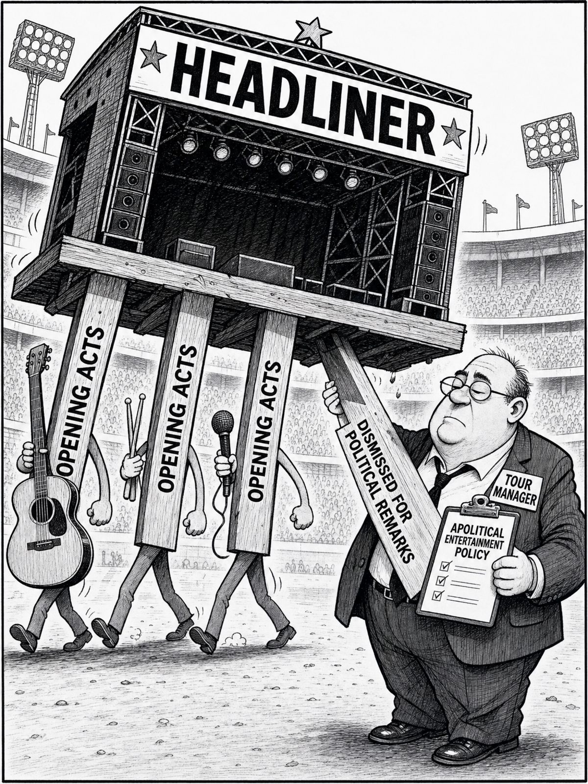 A stadium stage marked “HEADLINER” tilts on a shrinking set of beams marked “OPENING ACTS.” A tour manager has removed one beam, while the others walk away carrying musical instruments.