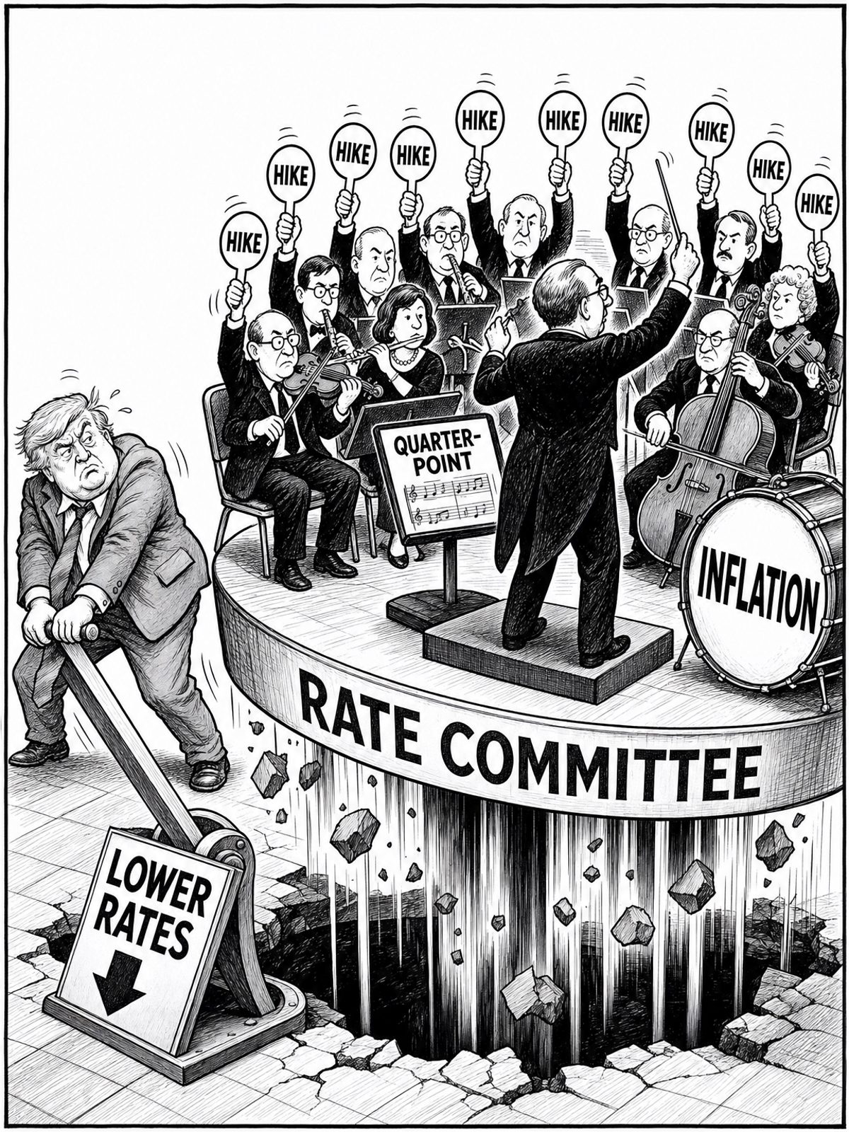 A central banker conducts an orchestra labelled “Rate Committee.” Every musician holds up a “Hike” paddle. A politician pulls a “Lower Rates” lever that makes the orchestra platform sink through the floor, beside a bass drum labelled “Inflation.”