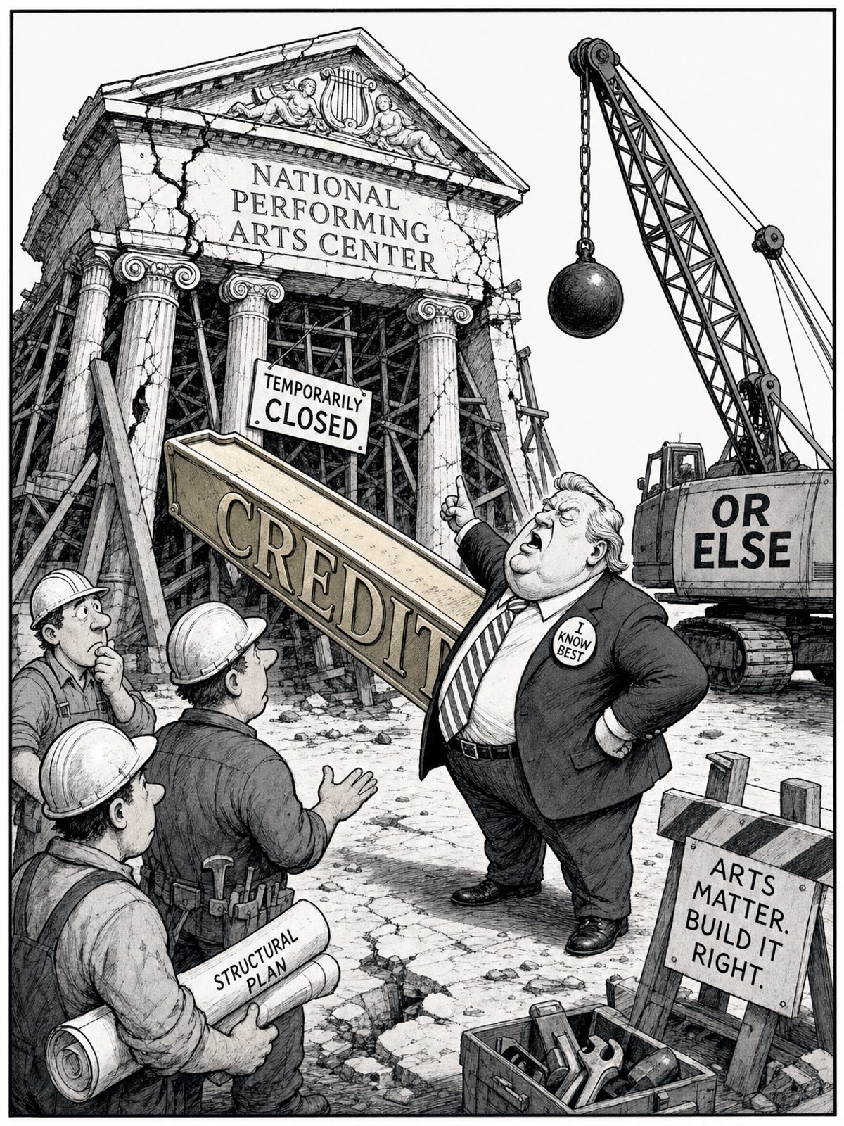 A politician holds an oversized beam labelled “CREDIT” in front of repair workers at a sagging performing arts center. A temporary-closure sign hangs by the entrance, and a wrecking crane labelled “OR ELSE” waits nearby.