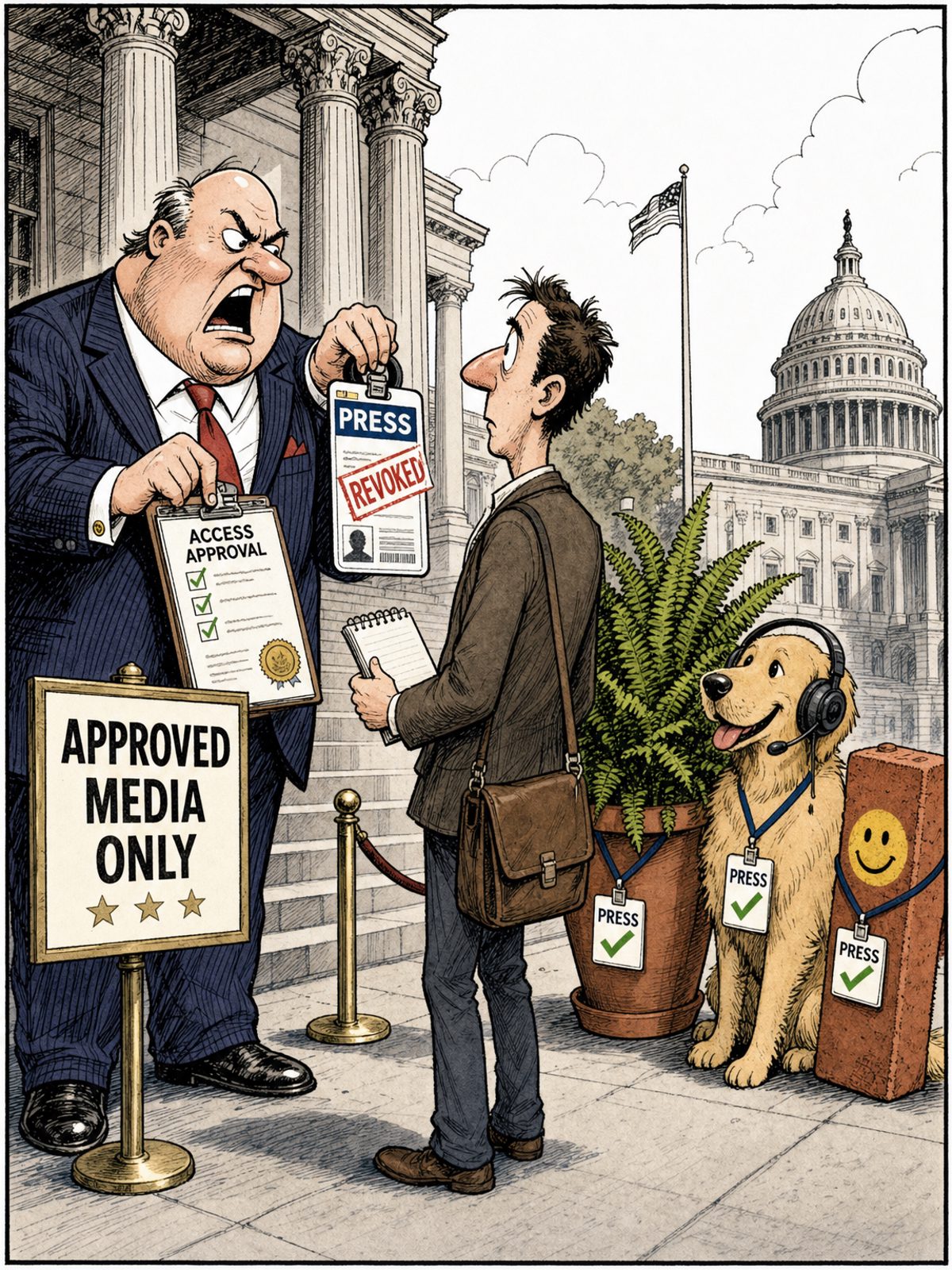 A black and white editorial cartoon. A politician standing next to a sign that says 'APPROVED MEDIA ONLY' takes a press badge from a human journalist. In line behind the journalist are a potted fern, a dog with a headset, and a brick with a smiley face.