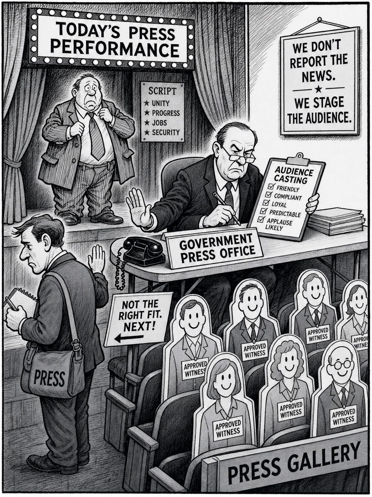 A government press office is drawn as a theater casting its own audience. A bureaucrat turns away a reporter with a notebook while cardboard figures marked “Approved Witness” sit in the press gallery and a politician waits onstage.