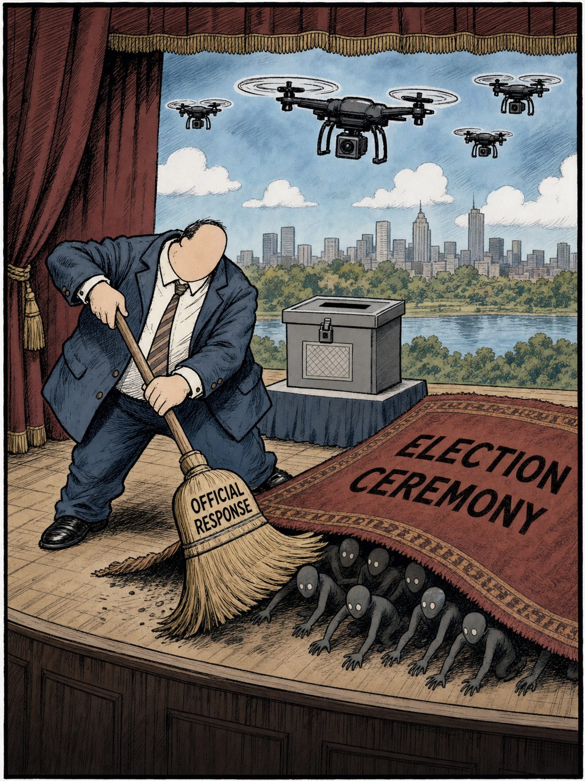An election official on a stage sweeps drone-shaped shadows under a rug marked “ELECTION CEREMONY” while generic drones hover above a ballot box and a painted city backdrop.